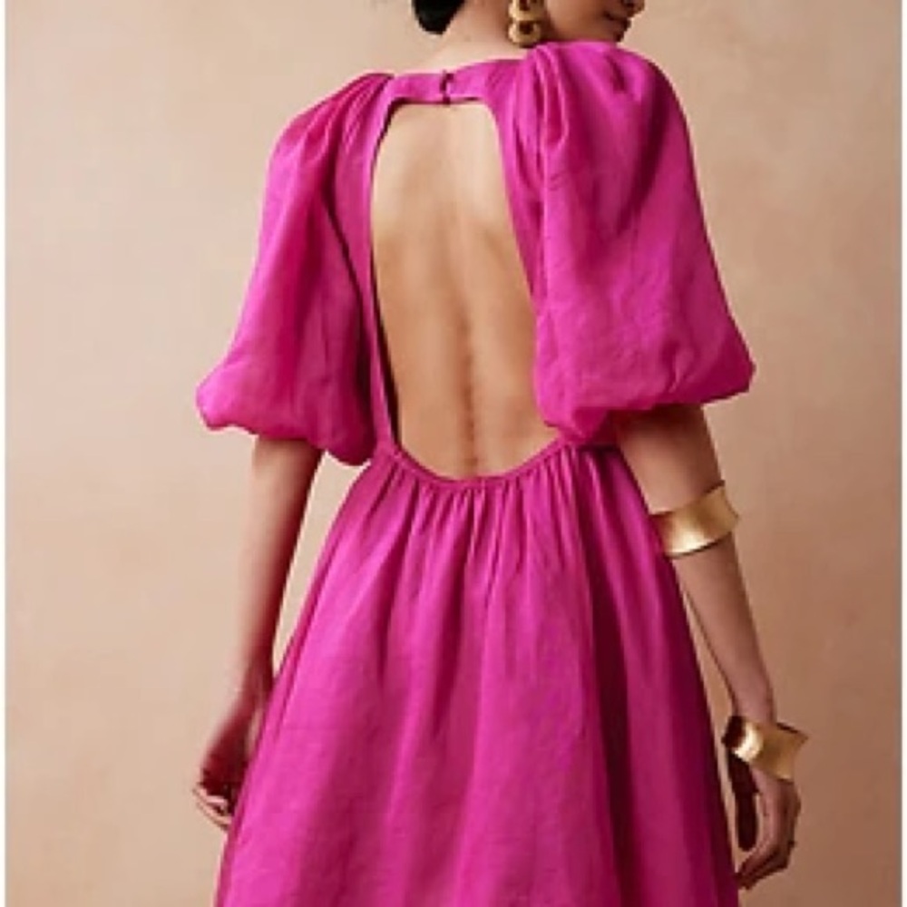 Pink Pleated Backless Sundress with Puff Sleeves